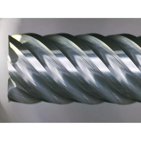 Close-up view of Carbide End Mill 6 Flute Square Milling Cutter With 50 Degree High Helix For High Hardness Steel Finishing