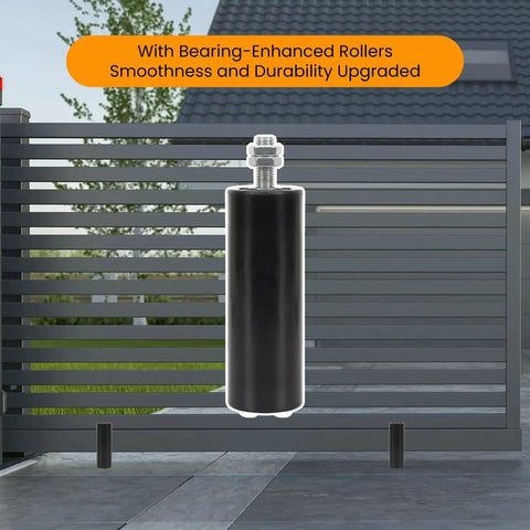 Two Pack Gate Roller Guide Kit With 6 Inch Universal Heavy Duty Sliding Gate Rollers And Nylon Wheel Hardware Set shown on gate