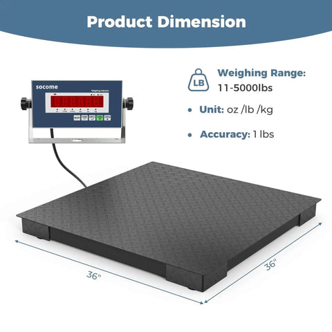 Heavy Duty 36 By 36 Inch Industrial Floor Scale With Digital Indicator, 5000 Lb Capacity, Durable Carbon Steel Platform, Diamond Plate Surface