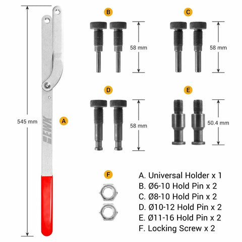 Front view of Amazon EWK universal camshaft pulley holder and fan clutch removal tool with red handle and hold pins