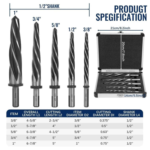 5 Piece M2 HSS Taper Chucking Reamer Set With Sizes One Inch Three Quarter Inch Five Eighth Inch Half Inch Three Eighth Inch And Shank Type Half Inch Three Flat Round For Bridge Construction Reaming Drill Bits For Steel Metal Wood Alloy Durable Heavy Duty product image showing reamers and storage case.