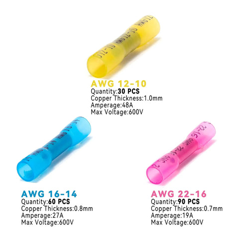 Heat-shrink butt connector set, three sizes AWG 12-10/16-14/22-16; yellow, blue, pink, 180 pcs total