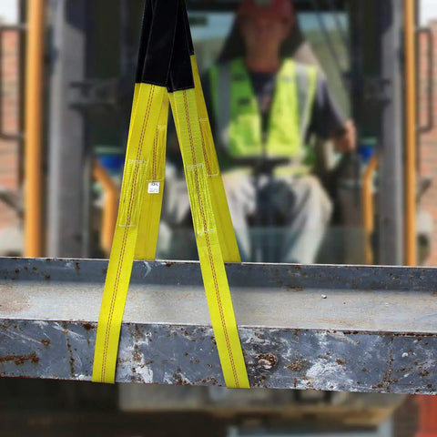 Two yellow nylon lift sling straps, 6.5 ft by 2 in, flat-eye ends, 13,000 lb capacity, heavy-duty web slings
