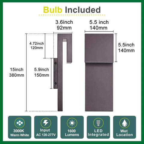 Sleek Outdoor Indoor LED Wall Sconce With Two Lights, 17W Total, Bronze Finish shown with dimensions and features.