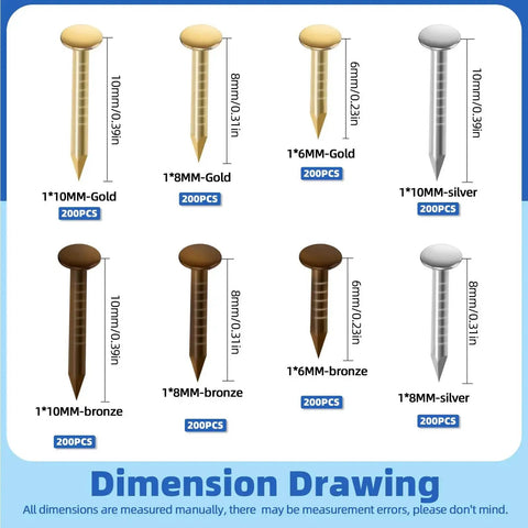 1600Pcs Tiny Nails Kit With 1x6mm 1x8mm 1x10mm Wooden Nails In Gold Silver Bronze, DIY Hardware Fixes; nail dimensions