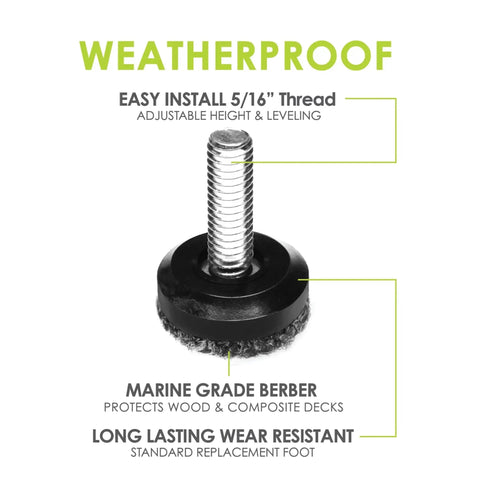 Close-up of Eight Pack Outdoor Adjustable Furniture Levelers Berber Glide Feet, showing 5/16-18 BSW thread, weatherproof