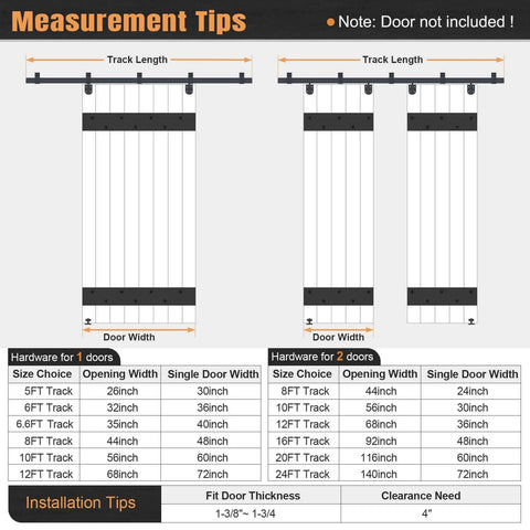 Diagram showing measurement tips and track sizes for a 10 Foot Exterior Sliding Barn Door Hardware Kit Box Rail Track 450 Pound Capacity Black Weather Resistant Steel Wall Mount System For Outdoor Use Fits Double 30 Inch Doors.