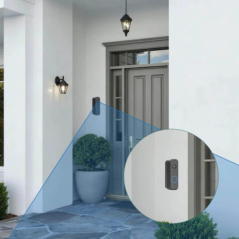 30-55 Degree Adjustable Doorbell Angle Mount for Wider View and No Blind Spots installed near entrance on white wall.