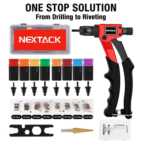 Rivet Nut Tool Kit Right Angle 8 Inch Built For Tight Spaces With Step Drill Bit and 80 Nutsets, Includes Eight Mandrels In Rugged Case NT600