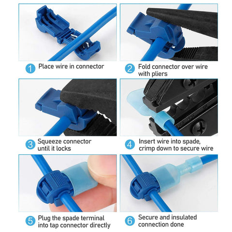 T-Tap wire connectors 120-piece blue with storage case shown in six-step installation panels