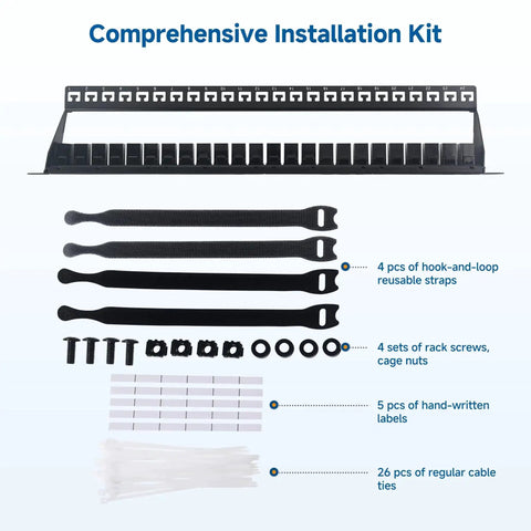 Beefy 1U 24 Port Cat6 Ethernet Patch Panel With Inline Keystone And Cable Management Bar installation kit contents