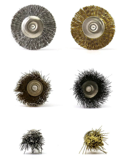 36 Piece Brass And Stainless Steel Wire Brush Polishing Wheel Kit For Rotary Tools For Metal And Wood Finishing Deburring Rust Removal Grinding And Smoothing Surfaces QWORK, showing different brush views