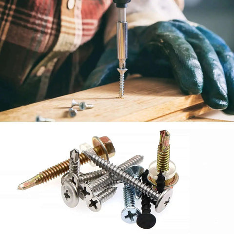 All Purpose Self Drilling And Self Tapping Screws Kit For Drywall Metal And Wood Zinc Plated Assortment in use and assorted screws shown