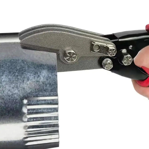Close-up of Five Blade Metal Sheet Crimping Tool in Steel with Ergonomic Nonslip Handle in use on metal pipe for gutter systems.