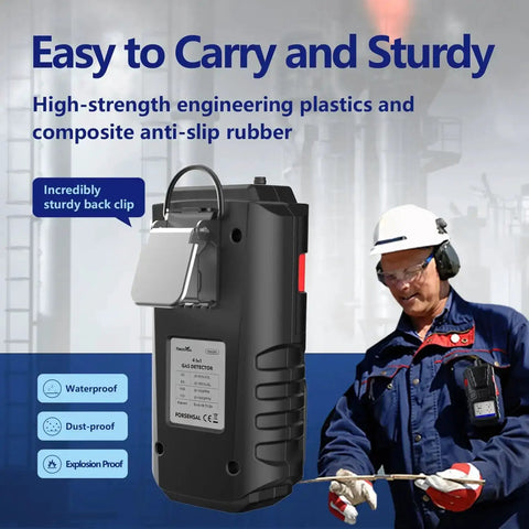 Back view of Pro Grade All In One 4 Gas Monitor With Pump Portable Gas Detector illustrating sturdy clip design for safety use.