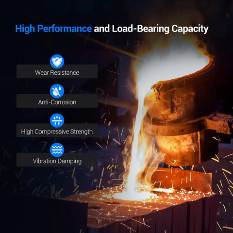 Molten metal pouring from a ladle with text about wear resistance, anti-corrosion, compressive strength, and vibration damping.