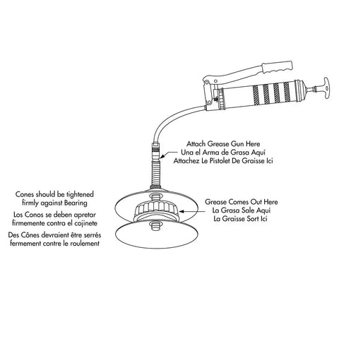 Diagram showing how to attach a grease gun to Plastic Universal Bearing Packer For Grease Guns With One Half Inch Inner Diameter And Four And One Half Inch Outer Diameter.