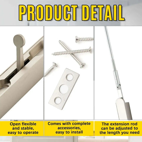 18 Inch Extended Flip Lever Flush Bolt For Double Doors in satin nickel finish, showing installation hardware and adjustable rod extension