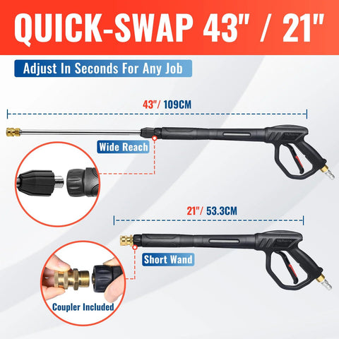 YAMATIC pressure washer wand set with swivel, 43in and 21in extension wands, M22 coupler, ergonomic handles.