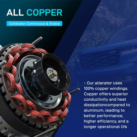 Beefed Up 150A Direct Fit Alternator Replacement showing all-copper windings for Nissan Murano, Pathfinder, Infiniti models