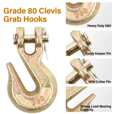 Grade 80 3/8 Chain Hook Clevis Grab Hook 4 Pack Heavy Duty Tow Hook 7,100 Lbs, showing durable steel construction and features