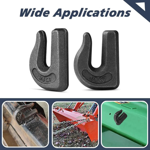 Eight Pack Weld On Chain Grab Hooks 3/8 G70 Forged Heavy Duty 6600 Lb WLL shown in various applications
