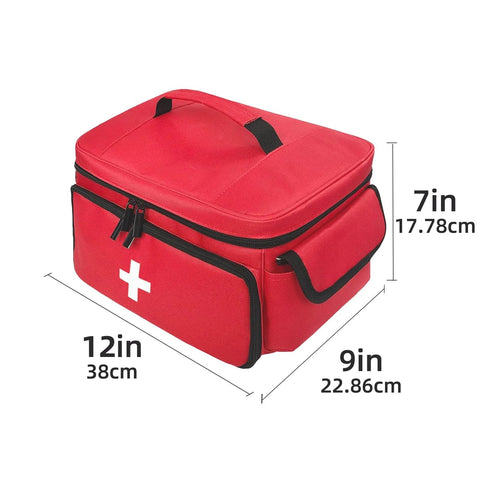 Red First Aid Bag Portable Medical Kit Organizer For Car Travel Office Outdoor Camping Hiking Grab And Go School 12 By 9 By 7 Inch Case