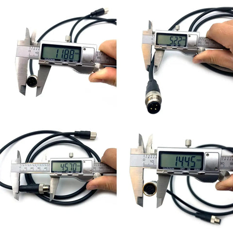 Measuring Industrial M12 4-Pin A-Code Straight Male To Female Connector Cable dimensions with digital caliper, focus on connectors.
