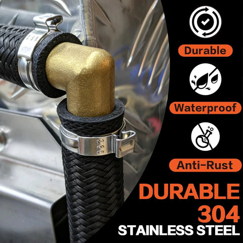 Close-up of 560Pcs Single Ear Hose Clamps Assortment Kit 304 Stainless Steel 22 Size 5.3-36.1Mm used on a garden hose with brass fitting