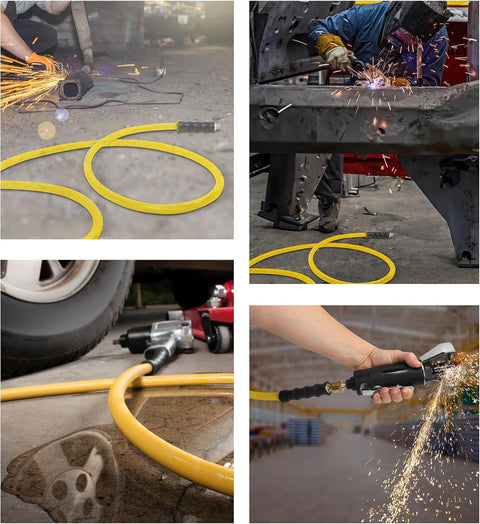 OilShield Next-Gen Air Hose 3/8 in x 15 ft, yellow pneumatic hose for workshop air tools.