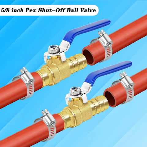 Brass Hose Barb Ball Valve Kit Two Pack For Five Eighth Inch And Three Quarter Inch Hose Barbs With Stainless Steel Clamps High Temperature Resistant Shut Off PEX Ball Valves For Water Oil Gas And Fuel Lines shown installed on pipes