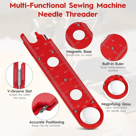 4 In 1 Automatic Sewing Needle Threader With Magnifier And Seam Guide Built In Dual Scale Ruler For Quick Threading Handy For Quilting And Alterations Includes 2 Seam Rippers In Red showing magnetic base and v-groove slot.