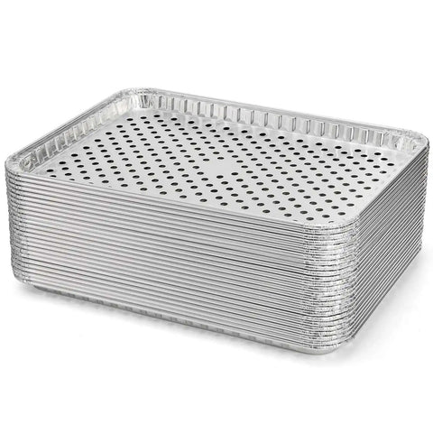 Stack of 25 Pack Disposable Aluminum Grill Pans For Outdoor Cooking And Camping Large 16 By 12 Inch Aluminum Trays With Holes