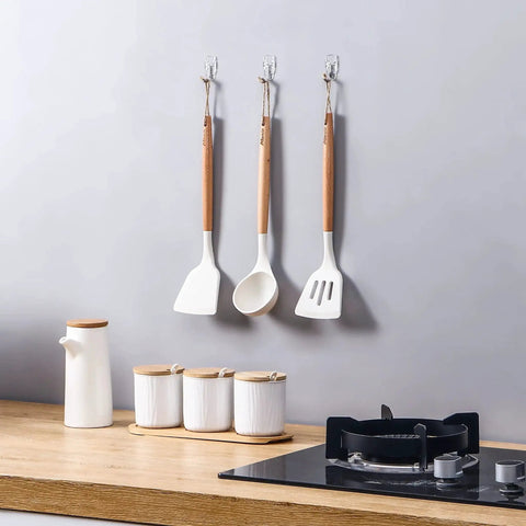 Clear Wall Hooks With Adhesive Strips 15 Hooks 30 Strips No Tools Damage Free holding kitchen utensils on wall