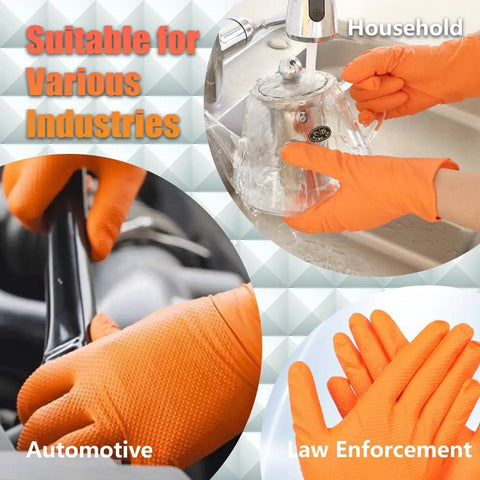 Heavy Duty Orange Diamond Grip 8Mil Nitrile Gloves Puncture And Cut Resistant XL used in household, automotive, law enforcement