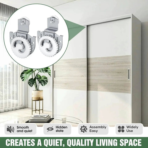 Sliding Closet Door Roller Set For Wardrobes Replacement Rollers Hardware Kit In Silver Eight Piece Pack Quiet Operation And Smooth Glide Durable Wardrobe Sliding Track Wheel System For Easy Low Noise Door Movement in a modern living room with sliding doors.
