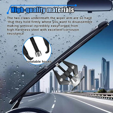 Adjustable Wiper Arm Removal Tool Kit And Battery Terminal Puller Set for Bolt Type Windshield Arms and Battery Posts displayed with city skyline