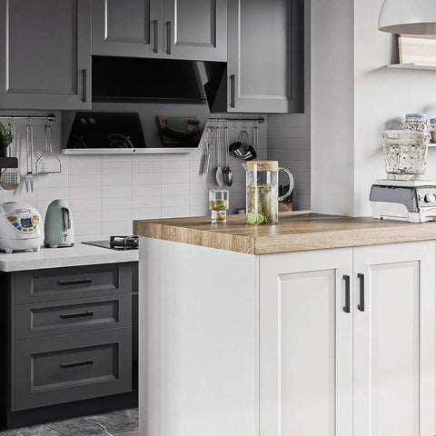 Modern kitchen with 10 Pack Solid 5 Inch Square Matte Black Kitchen Cabinet Handles For Cabinets And Drawers shown on white cabinets