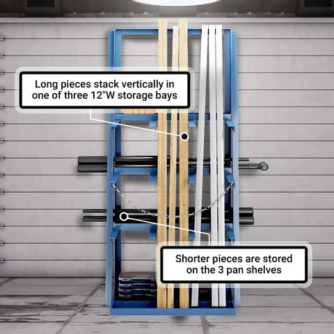 Vertical Bar Rack For Workshop Or Garage, Heavy Duty Pipe And Lumber Storage System With 3000 Lb Capacity, blue 3 bay unit