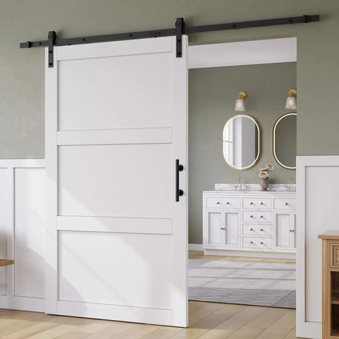 84 Inch Wide White Sliding Barn Door With Waterproof PVC Surface 3 Panel Solid MDF Construction Pre Drilled Holes Easy Assembly No Fuss Install Includes 8 Foot Hardware Track Kit And Handle Installed in Home