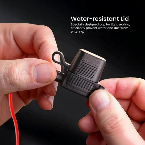 Close-up of Road Ready Inline Fuse Holder Kit With 14 Gauge 2A To 40A ATC ATO Blade Fuses showing water-resistant lid.