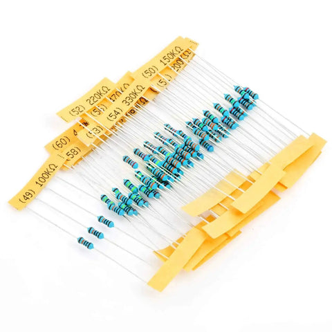 Front view of 300-piece through-hole metal-film resistor kit; blue axial resistors with color bands and yellow labels