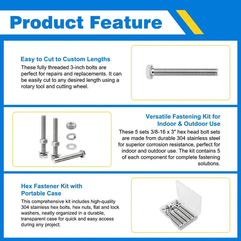 Heavy Duty 3/8-16 Hex Bolt Set Kit Five 3 Inch Stainless Steel 304 Right Hand Bolts With Nuts Flat Washers And Spring Lock Washers For DIY Fixes And Home Projects with illustrated product features
