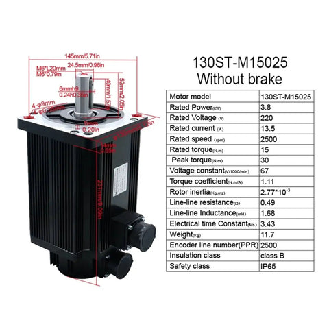 Front view of 130ST-M15025 servo motor with mounting flange; black ribbed housing.