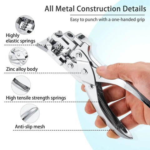 Hand holding All In One Badge Slot Punch with zinc alloy body, highly elastic springs, and anti-slip mesh