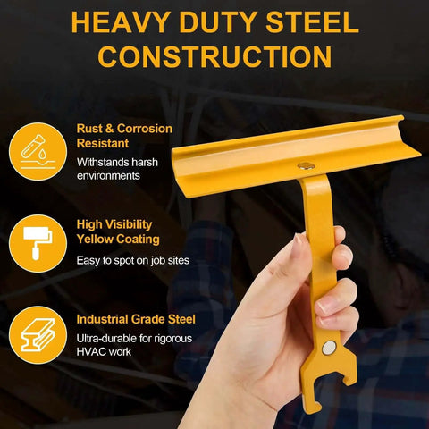 6 Inch Magnetic Cleat Tool For HVAC Ductwork TDC TDF Clips in hand, yellow steel construction, highlighting durability and visibility