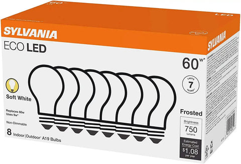 Eco LED Light Bulb A19 9W Frosted White 750 Lumens Non Dimmable 8 Pack 2700K packaging with bulb illustration