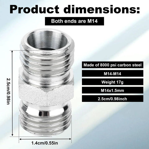 M14 to M14 carbon steel hydraulic hose adapter, silver metal, dual M14 ends
