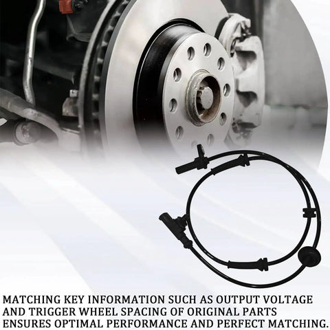 PVOTAWP rear-left ABS wheel speed sensor with black cable; front view showing brake rotor and hub.