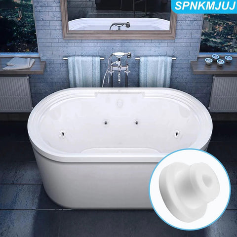 Elegant bathroom with white bathtub and inset showing 24 Piece Silicone Bathtub Hole Plug Set In White With 4 Sizes Fitting 12mm 14mm 16mm And 22 To 23mm Drains Waterproof Tub Jet Covers Flexible Durable Seal Disks For Bathtub And Sink Drains Bathroom Plumbing Accessory.